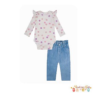 Conjunto de body em canelado capri e calça mom em jeans bellini Kukiê