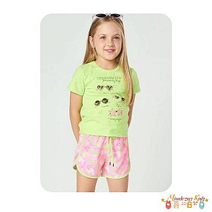 Conjunto de blusa em meia malha e shorts em nylon neon Infanti