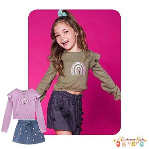 Conjunto de blusa boxy e shorts saia em malha Kukiê BLK24