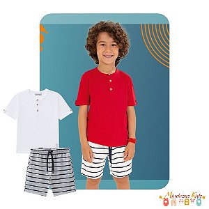 Conjunto de bata em piquet confort e bermuda em moletom listrado Onda Marinha