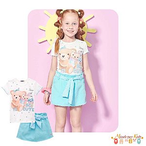 Conjunto de blusa e shorts-saia em sarja Kukiê so cute