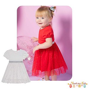 Vestido em canelado capri e tule foil com brilho Kukiê