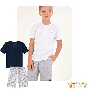 Conjunto de bata em piquet confort e bermuda em moletom estampado Onda Marinha