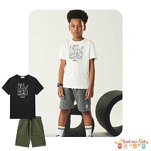 Conjunto de camiseta em meia malha e bermuda em moletom sem pelúcia Luc.boo Oh boy