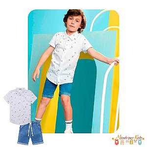 Conjunto de camisa em tricoline napoli e bermuda em jeans liz Luc.boo