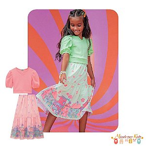 Conjunto de blusa cropped e saia super midi Kukiê