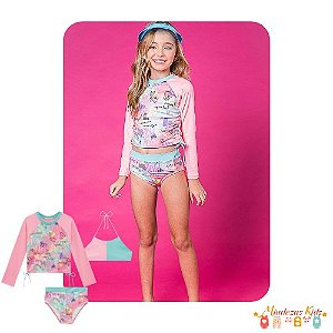Trio de blusa e biquíni em malha UV dry com proteção UV50+Infanti