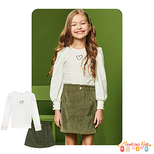 Conjunto de blusa em cotton com saia em veludo cotelê Infanti (shorts embutido)