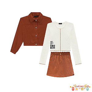 Trio de blusa cropped em canelado, jaqueta boxy e saia em cotelê Vic&Vicky (3 peças)