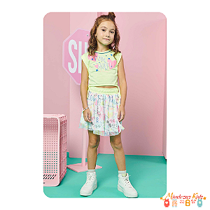 Conjunto de blusa boxy em meia malha com saia em tela Infanti