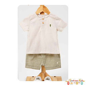 Conjunto de bata em linho leve e bermuda em linho leve xadrez Onda Marinha