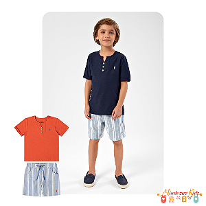 Conjunto de bata e bermuda em sarja listrada Onda Marinha