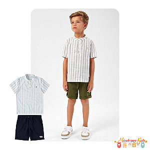 Conjunto de bata em linho leve listrado e bermuda em linho Onda Marinha