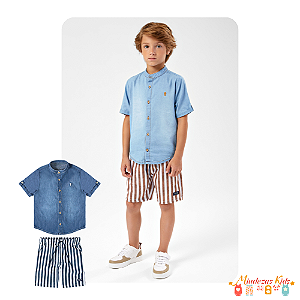 Conjunto de camisa em jeans leve e bermuda em moletinho sublimado Onda Marinha