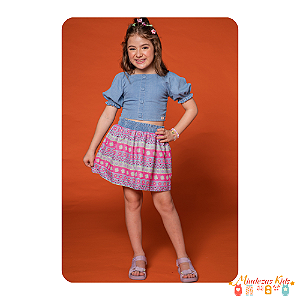 Conjunto de cropped em jeans liz e saia em air flow Kukiê