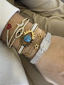 Pulseira Dourada Olho Grego Coração e Lua
