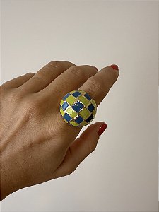 Anel Dourado Xadrez Azul e Verde