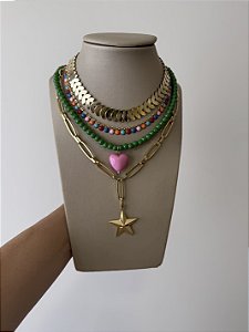 Colar Verde Coração Rosa