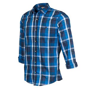 Camisa Masculina Xadrez Azul Manga Longa Tricoline