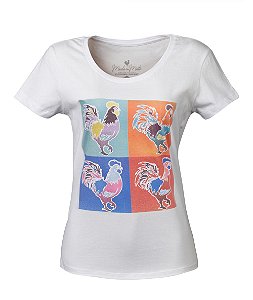 Camiseta Long Feminina Rooster Pop Art Branca