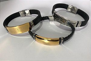 Pulseira Masculina Couro Ecológico e Aço Inoxidável