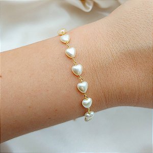 Pulseira Corações Em Pérolas Com Banho De Ouro