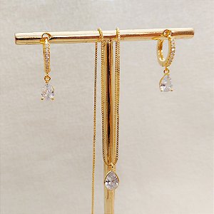 Kit Encanto - Brinco E Colar Ponto De Luz Gota Com Banho De Ouro