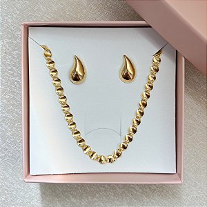 Kit Essencia - Brinco Gota E Colar Piastrine Com Banho De Ouro