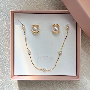 Kit Pérola - Brinco E Choker Em Pérolas Com Banho De Ouro