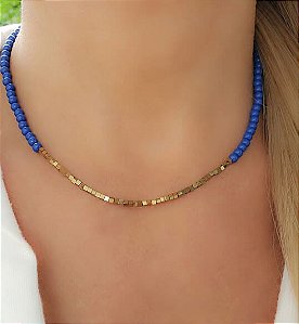 Colar Murano Azul e Hematita Quadrada banhado à ouro 18k