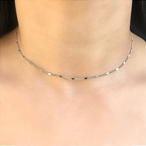 Choker Coraçõezinhos Achatados banhado Ródio Branco