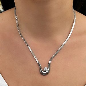 Colar Choker Snake Bolinha Cravejada banhado no Ródio Branco