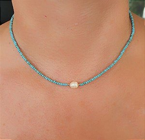 Choker Pedrinhas Turquesa e Pérola de Água Doce