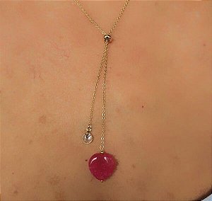 Colar Gravatinha Coração Quartzo Rosa Pink e Zircônia Branca