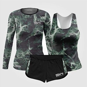 Kit Feminino | Manga longa, regata e shorts | Militar