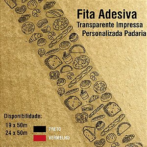 Fita Transparente Acrílica Impressa Personalizada Preto PP40 Micras - 24 x 50 m Para Padaria