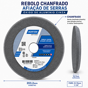 Rebolo Afiação de Serras Óxido de Alumínio Cinza Chanfrado 203,20 x 12,70 x 31,75 mm A46O5VC1