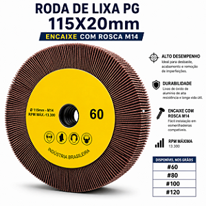 Roda de Lixa Flap PG Polikontour PK com Rosca M14 Óxido de Alumínio Grão 60 - 115 x 20 mm