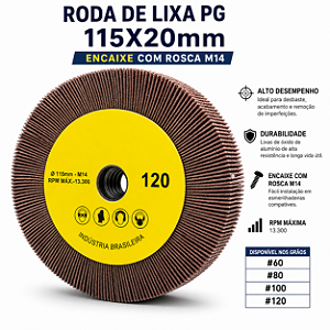 Roda de Lixa Flap PG Polikontour PK com Rosca M14 Óxido de Alumínio Grão 180 - 115 x 20 mm