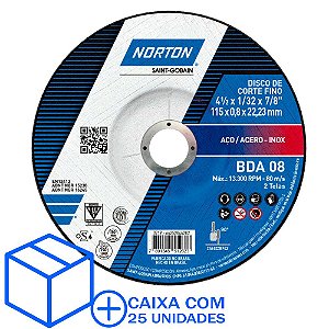 Caixa com 25 Disco de Corte BDA08 Ultra Fino Azul com Depressão 115 x 0,8x22,23 mm