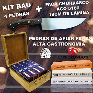 Kit Baú 4 Pedras de Afiar para Alta Gastronomia Carborundum + Faca Churrasco 19 Cm