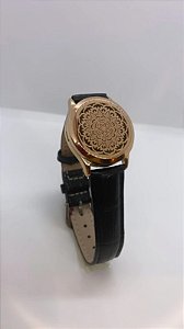 Pulseira com Bracelete de Couro Preta e Difusor de Aço Inox - MANDALA DOURADA - 25mm