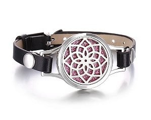 Pulseira Courino de Uma Volta Preta e Difusor de Aço Inox MANDALA 25mm