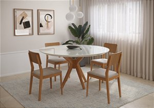Conjunto Mesa Redonda e 4 Cadeiras Turim Encosto de Palha Natural