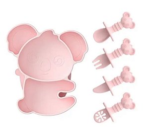 Prato Coala de Silicone com talheres e sucção