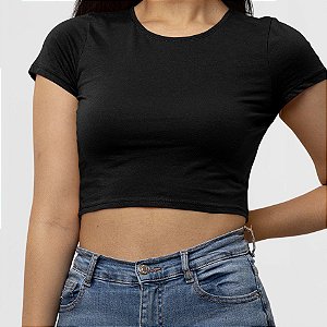 Blusa Cropped Liso Preto Manga Curta