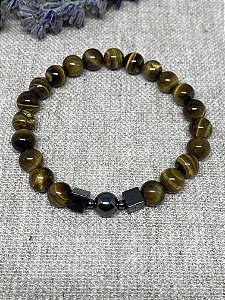 Pulseira de Pedra Natural Olho de Tigre  e Hematita - Afastar Energia Negativa, Prosperidade e Equilíbrio das Energias Yin e Yang