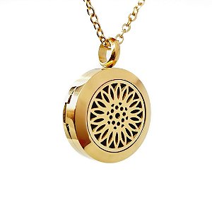 Colar Difusor - Pingente 20mm - Girassol - Dourado - Aço Inox