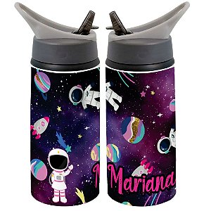 Garrafa Squeeze Astronauta Espacial Planetas Rosa Personalizada com Nome