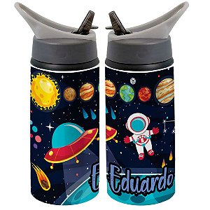 Garrafa Squeeze Astronauta Espacial Planetas Azul Personalizada com Nome
